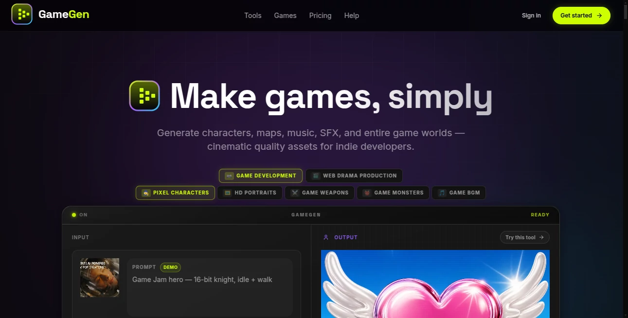 Screenshot of GameGen – An AI tool in the ,AI Coaching ,AI Tutorial ,AI Course ,AI Education Assistant  category, showcasing its interface and key features.