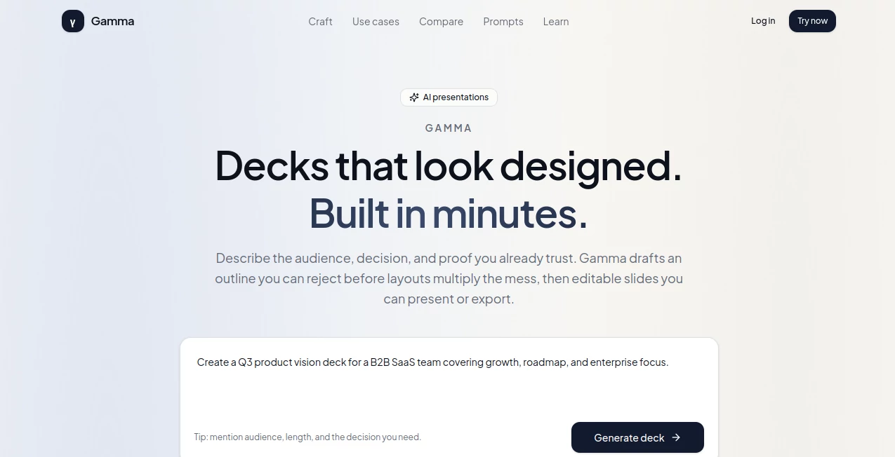 Screenshot of Gamma – An AI tool in the ,AI Productivity Tools ,AI Presentation Generator  category, showcasing its interface and key features.