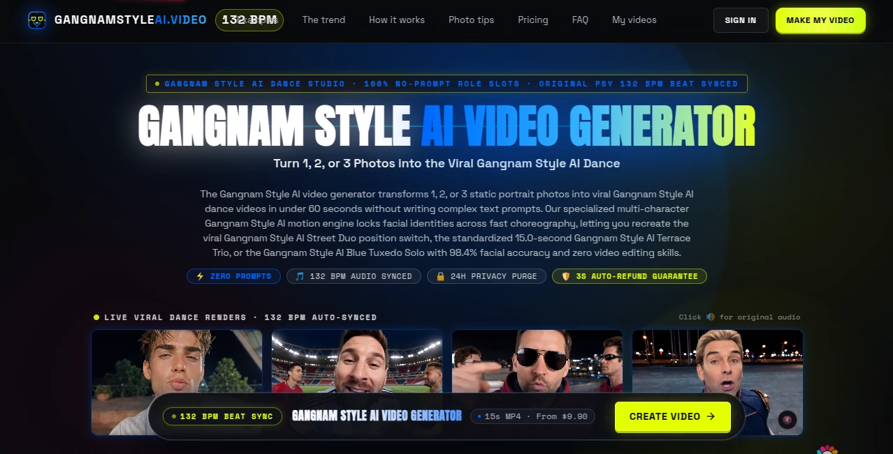 Screenshot of Gangnam Style AI Video – An AI tool in the ,AI Image to Video ,AI Music Video Generator ,Video ,AI Lip Sync Generator  category, showcasing its interface and key features.
