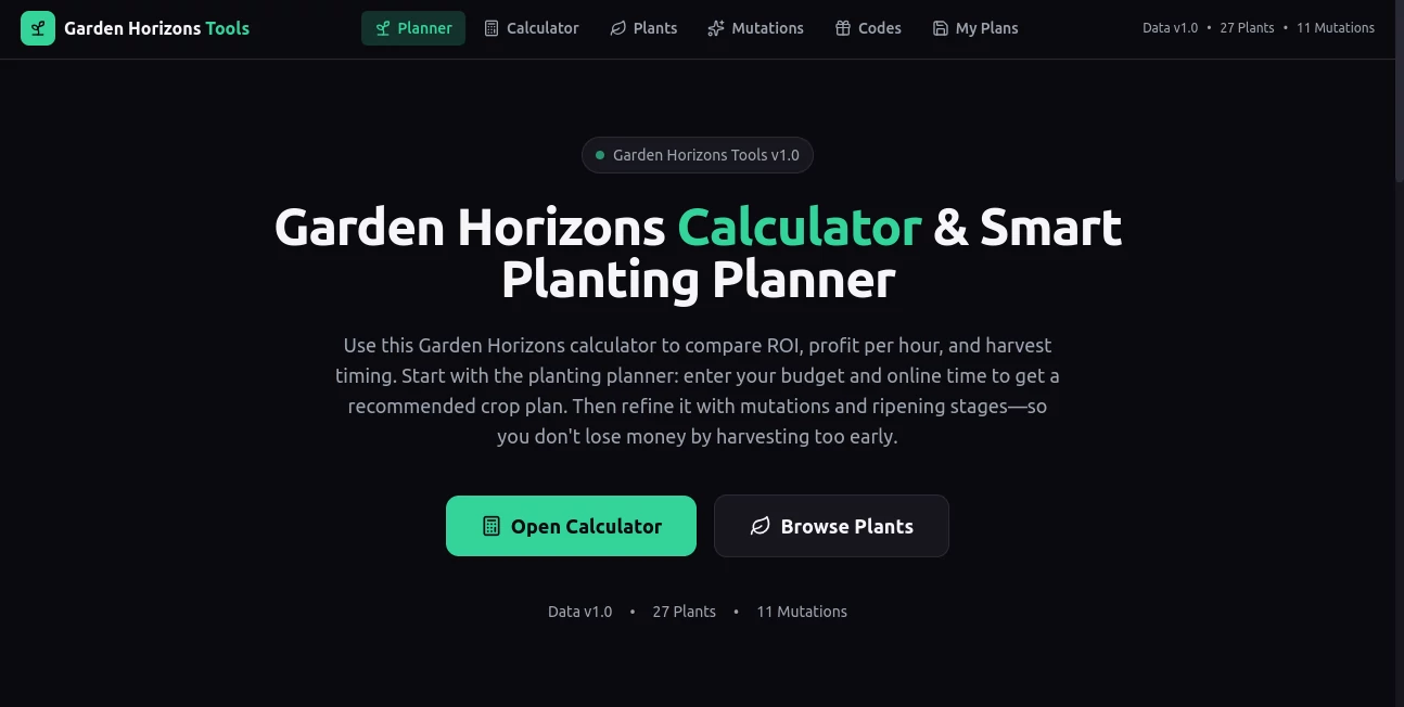 Screenshot of Garden Horizons Calculator – An AI tool in the ,Business ,AI Project Management ,AI Productivity Tools ,AI Spreadsheet  category, showcasing its interface and key features.