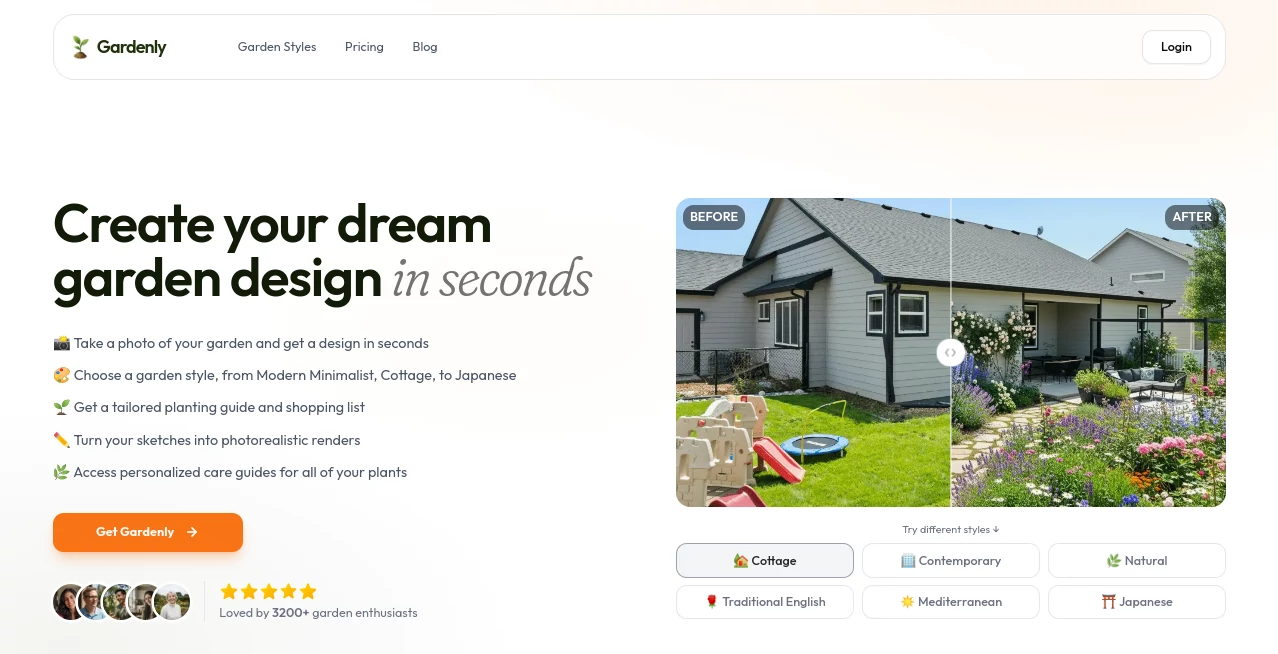 Screenshot of Gardenly – An AI tool in the ,AI Design Generator ,AI Graphic Design ,AI Interior & Room Design ,AI Design Assistant  category, showcasing its interface and key features.