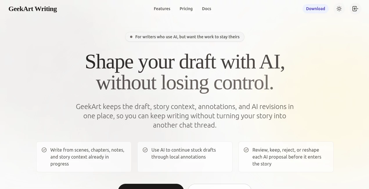 Screenshot of GeekArt Writing – An AI tool in the ,AI Book Writing ,AI Novel ,AI Story Writing ,AI Writing Assistants  category, showcasing its interface and key features.
