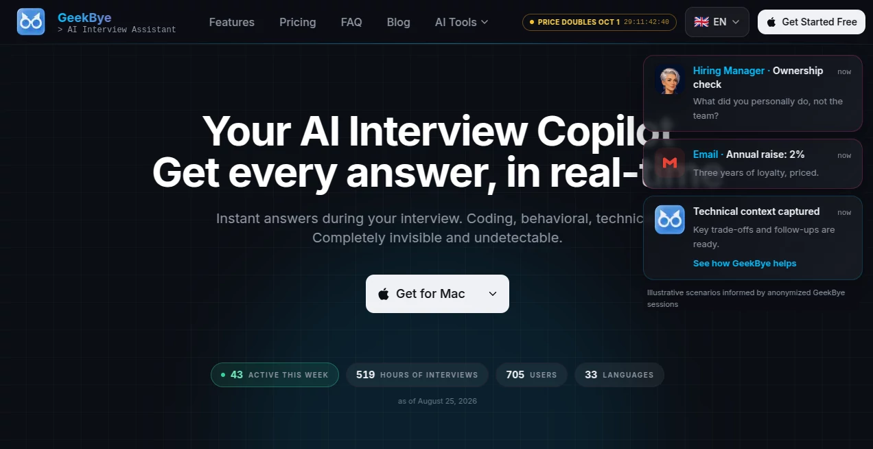 Screenshot of GeekBye – An AI tool in the ,AI Meeting Assistant ,AI Code Assistant ,AI Interview Assistant ,AI Speech to Text  category, showcasing its interface and key features.