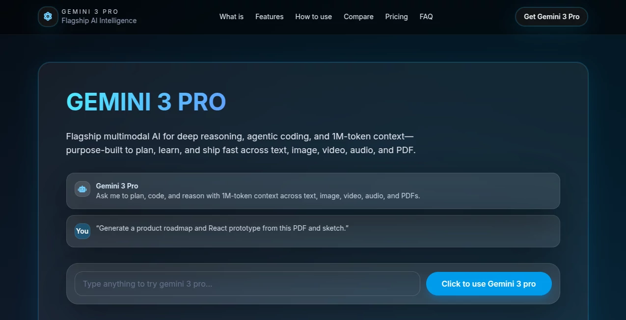 Screenshot of Gemini 3 pro – An AI tool in the ,AI Workflow Management ,AI Research Tool ,AI Code Generator ,AI Developer Tools  category, showcasing its interface and key features.