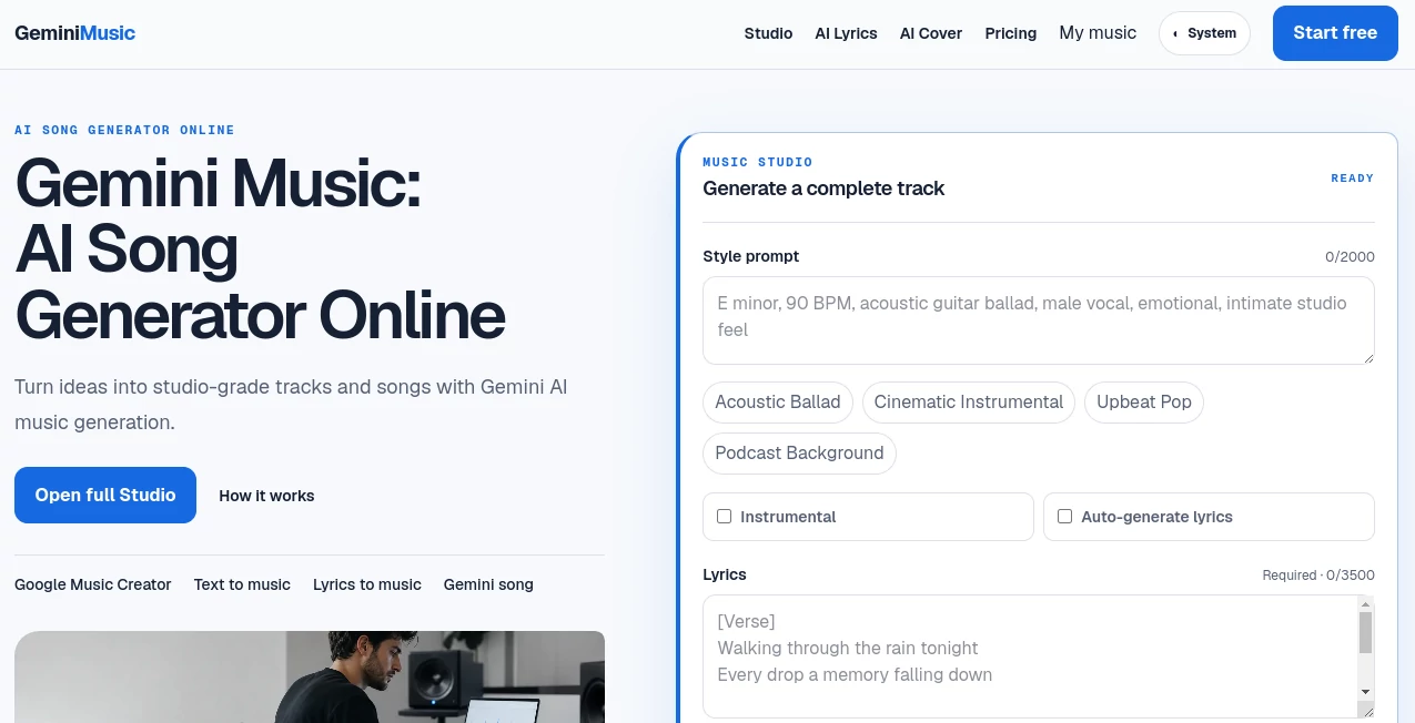 Screenshot of GeminiMusic – An AI tool in the ,AI Text to Music ,AI Music Generator  category, showcasing its interface and key features.