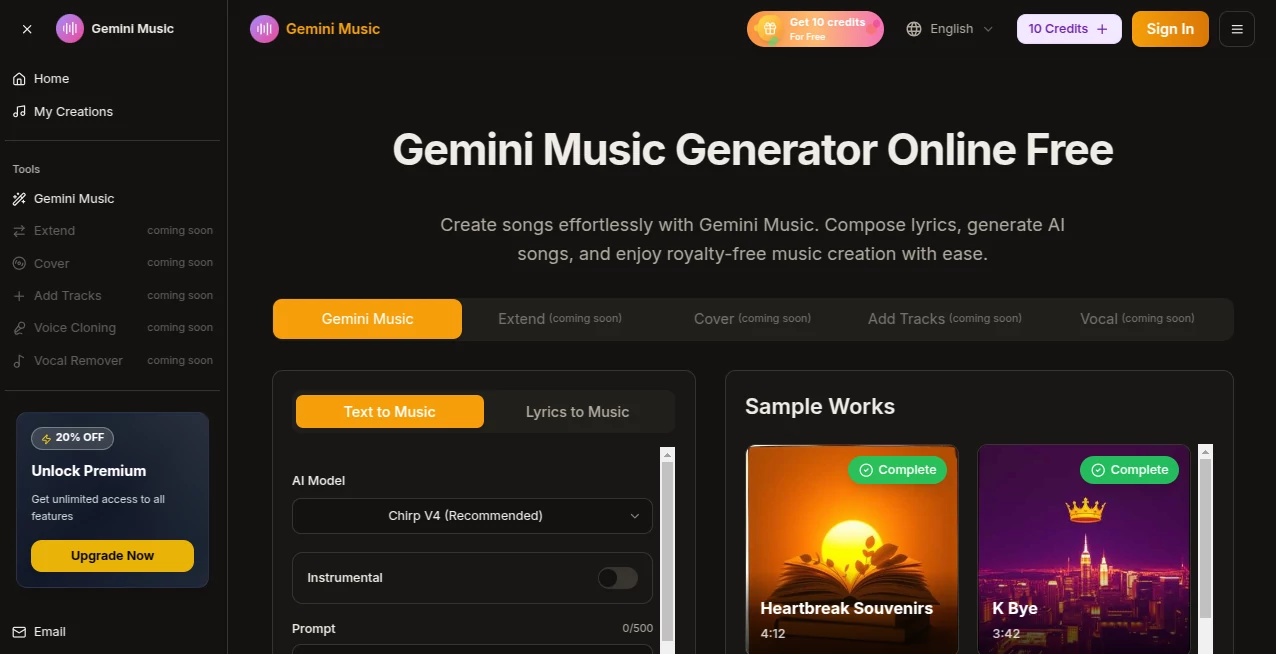 Screenshot of gemini music – An AI tool in the ,AI Text to Music ,AI Lyrics Generator ,AI Music Generator ,AI Singing Generator  category, showcasing its interface and key features.