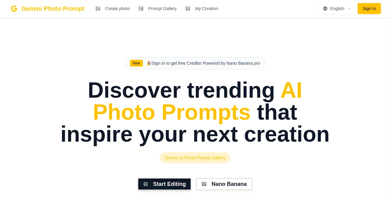 Screenshot of Gemini Photo Prompt – An AI tool in the ,AI Content Generator ,AI Design Generator ,AI Image to Image ,AI Text to Image  category, showcasing its interface and key features.