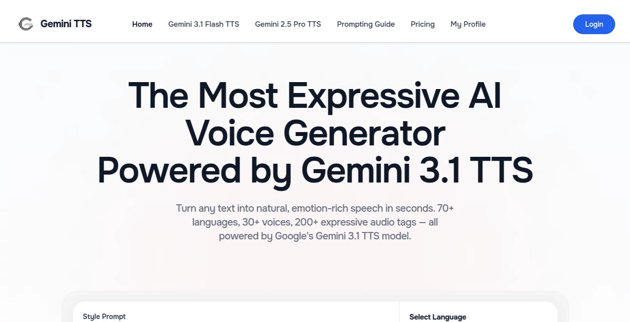 Screenshot of Gemini 3.1 TTS – An AI tool in the ,AI Voice Assistants ,AI Text to Speech ,AI Speech Synthesis ,AI Voice & Audio Editing  category, showcasing its interface and key features.