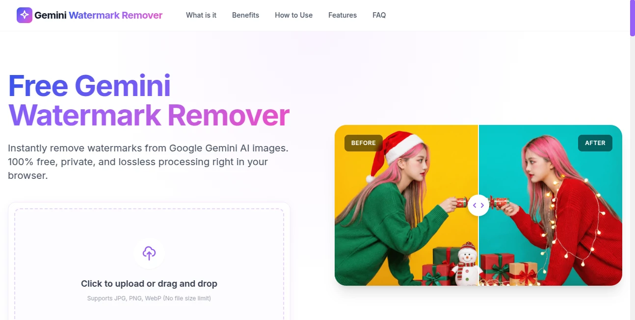 Screenshot of Gemini Watermark Remover – An AI tool in the ,AI Photo & Image Generator ,Photo & Image Editor ,AI Image to Image ,AI Design Generator  category, showcasing its interface and key features.