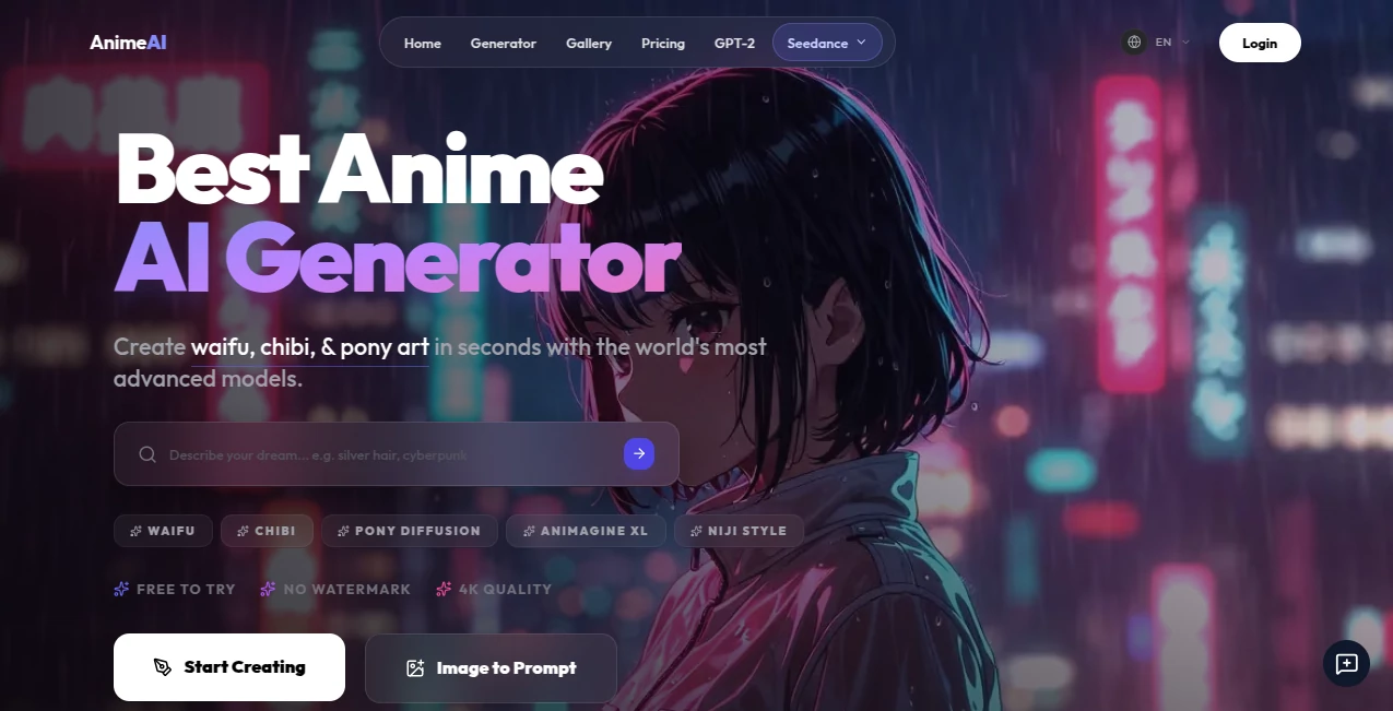Screenshot of AnimeAI – An AI tool in the ,AI Text to Image ,AI Image to Image ,AI Art Generator ,AI Anime Art  category, showcasing its interface and key features.