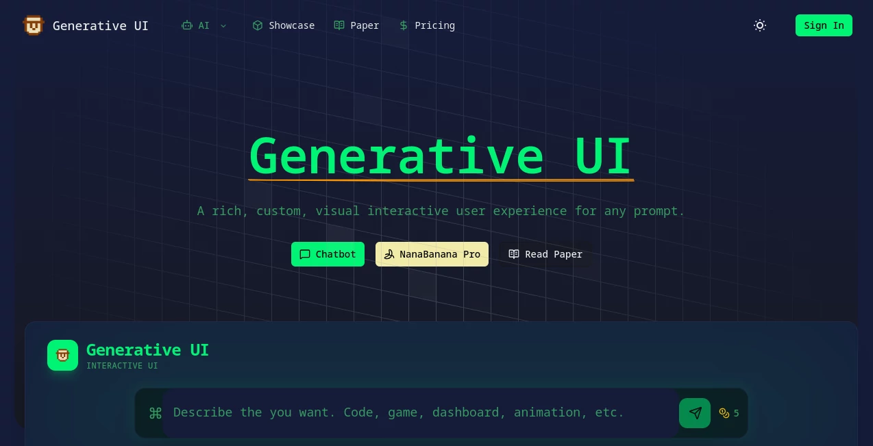 Screenshot of Generative UI – An AI tool in the ,AI Website Builder ,AI No-Code & Low-Code ,AI App Builder  category, showcasing its interface and key features.