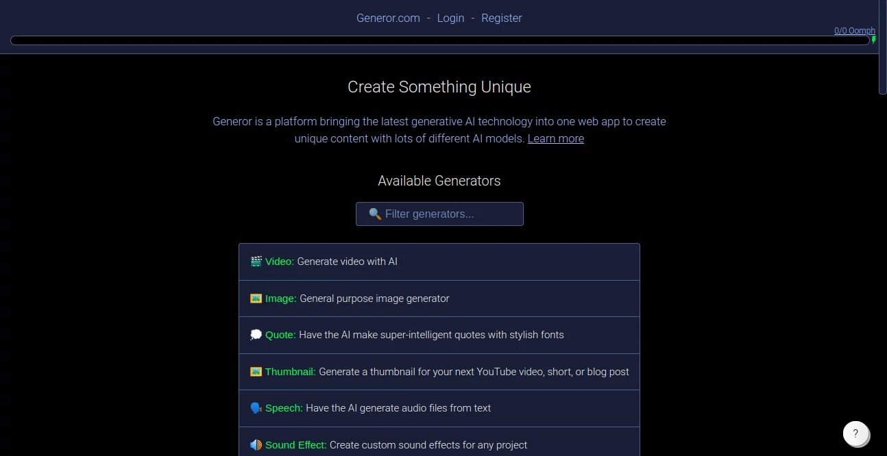 Screenshot of Generor – An AI tool in the ,AI Photo & Image Generator ,AI Joke ,AI Fun Tools ,AI Text to Image  category, showcasing its interface and key features.