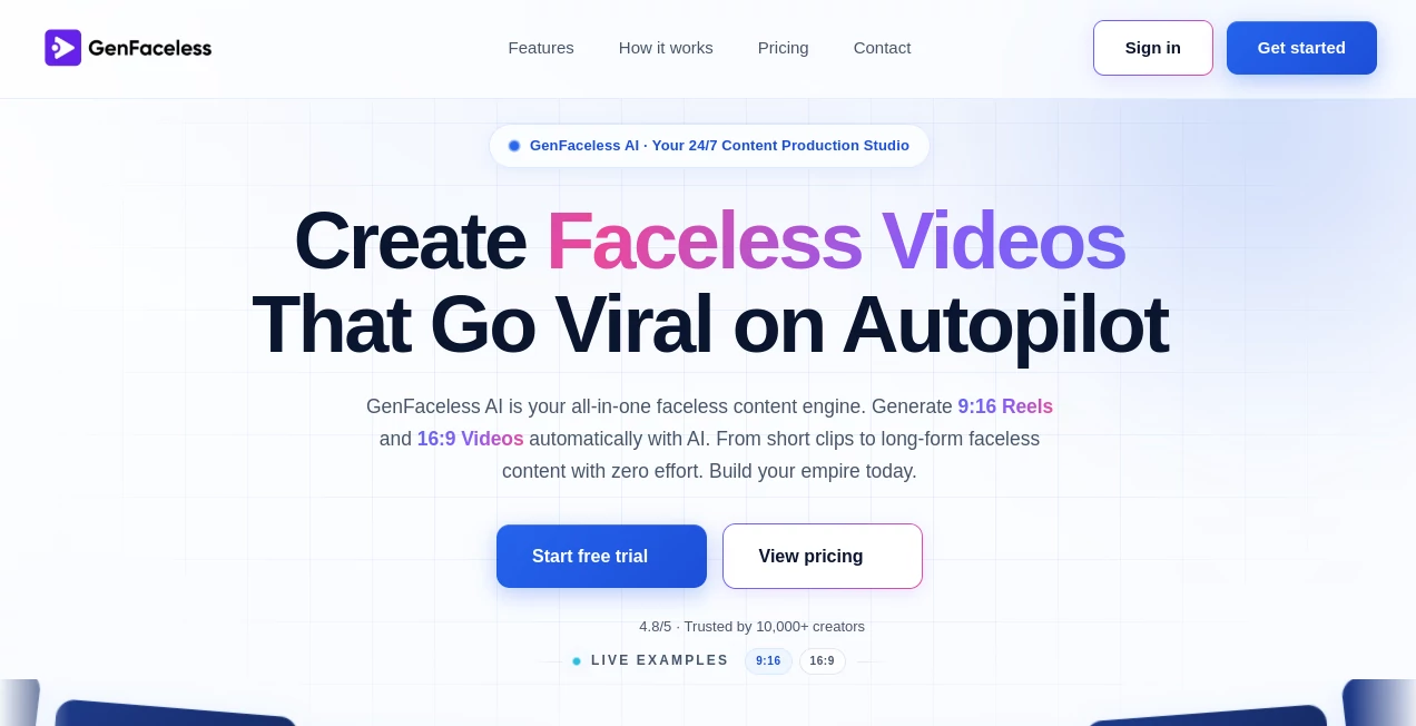 Screenshot of Genfaceless – An AI tool in the ,AI Animated Video ,AI Content Generator ,AI Video Generator ,AI Text to Video  category, showcasing its interface and key features.