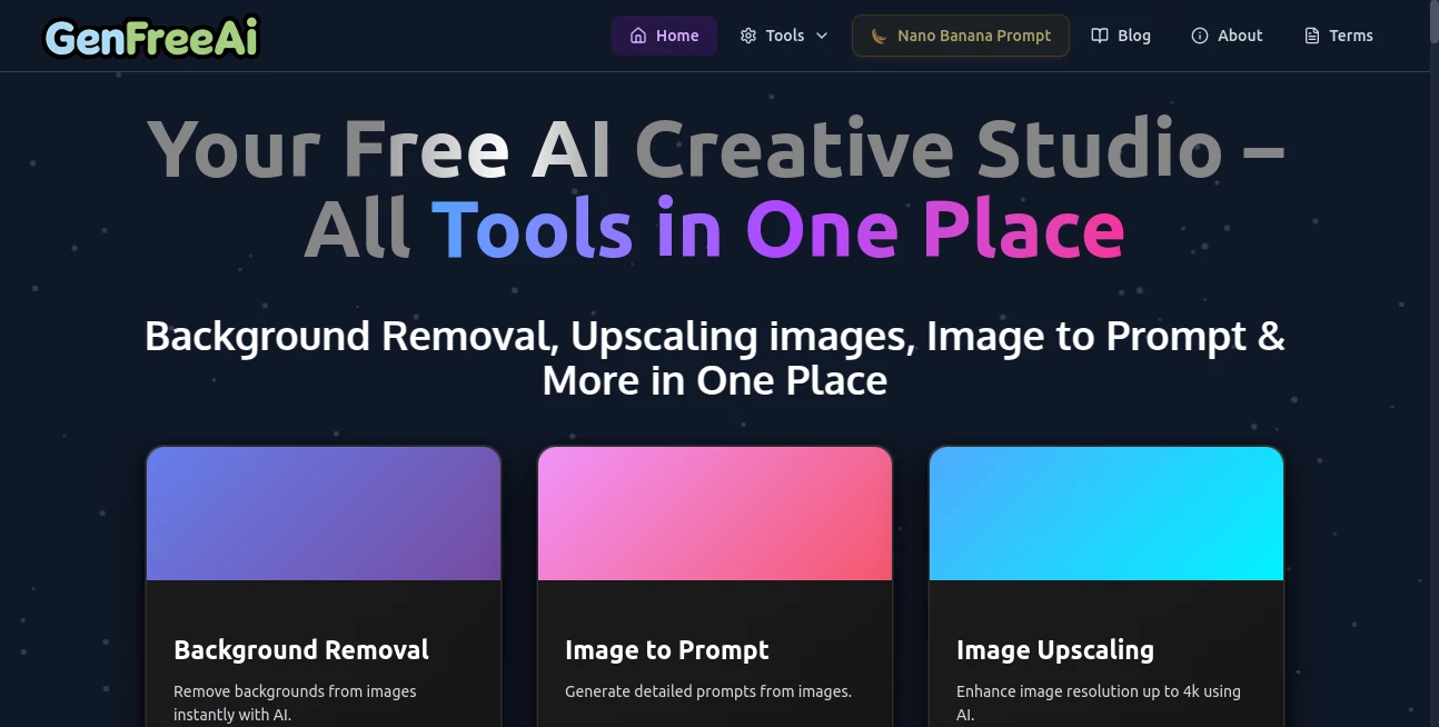 Screenshot of GenFreeAI – An AI tool in the ,AI Photo & Image Generator ,AI Art Generator ,AI Design Generator ,AI Text to Image  category, showcasing its interface and key features.