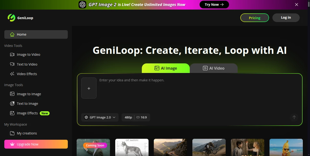 Screenshot of GeniLoop – An AI tool in the ,AI Image to Video ,AI Art Generator ,AI Video Generator ,AI Text to Video  category, showcasing its interface and key features.