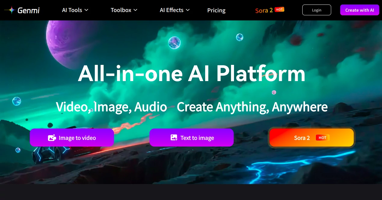 Screenshot of Genmi AI – An AI tool in the ,AI Photo & Image Generator ,AI Image to Video ,AI Video Generator ,AI Text to Image  category, showcasing its interface and key features.