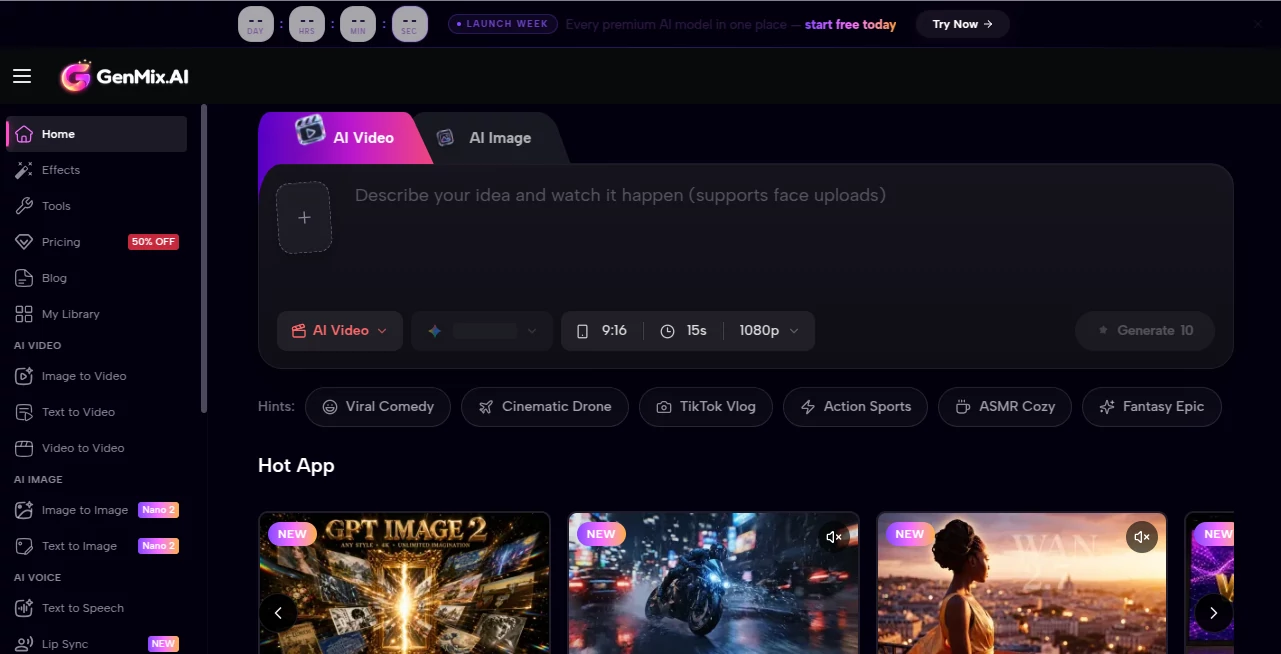 Screenshot of GenMix – An AI tool in the ,AI Text to Speech ,AI Video Generator ,AI Text to Video ,AI Image to Image  category, showcasing its interface and key features.