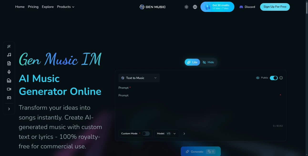 Screenshot of GenMusic Im – An AI tool in the ,AI Text to Music ,AI Lyrics Generator ,AI Music Generator ,AI Singing Generator  category, showcasing its interface and key features.