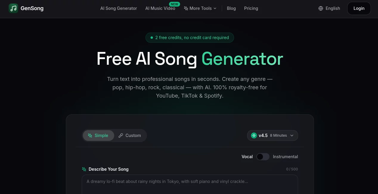 Screenshot of GenSongAI – An AI tool in the ,AI Music Generator ,AI Voice & Audio Editing ,AI Text to Music ,AI Singing Generator  category, showcasing its interface and key features.