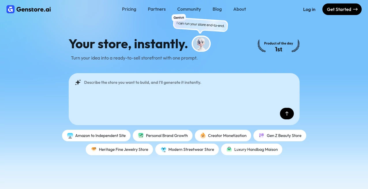 Screenshot of Genstore – An AI tool in the ,AI Website Builder ,AI Sales Assistant ,AI E-commerce Assistant ,AI Digital Marketing Generator  category, showcasing its interface and key features.