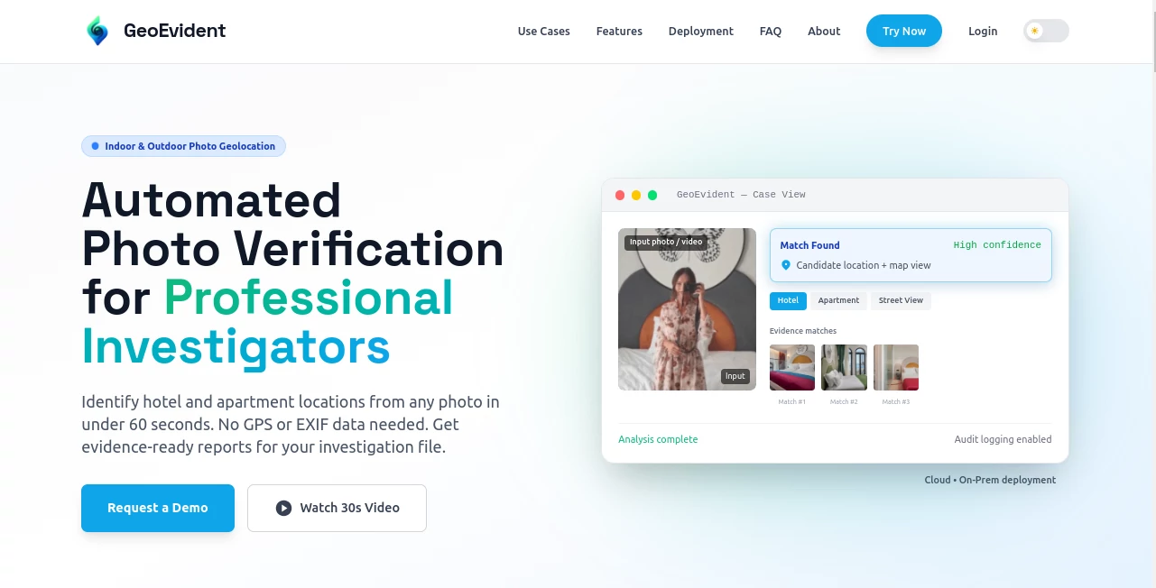 Screenshot of GeoEvident – An AI tool in the ,AI Image Recognition ,AI Developer Tools ,AI Research Tool ,AI Productivity Tools  category, showcasing its interface and key features.