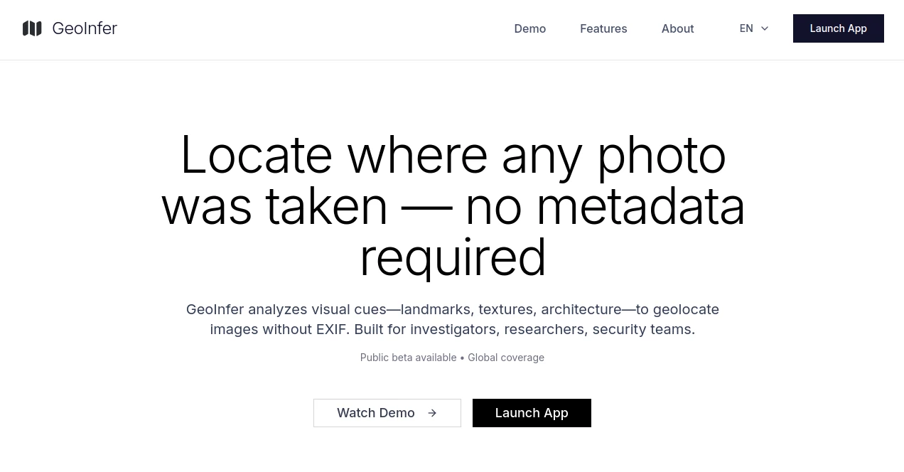 Screenshot of GeoInfer – An AI tool in the ,AI Data Mining ,AI Image Recognition ,AI Research Tool ,AI Maps Generator  category, showcasing its interface and key features.