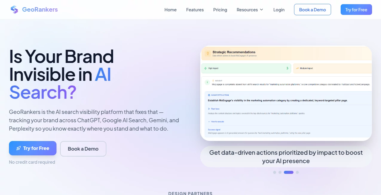 Screenshot of GeoRankers – An AI tool in the ,AI SEO Assistant ,AI Research Tool ,AI Analytics Assistant  category, showcasing its interface and key features.