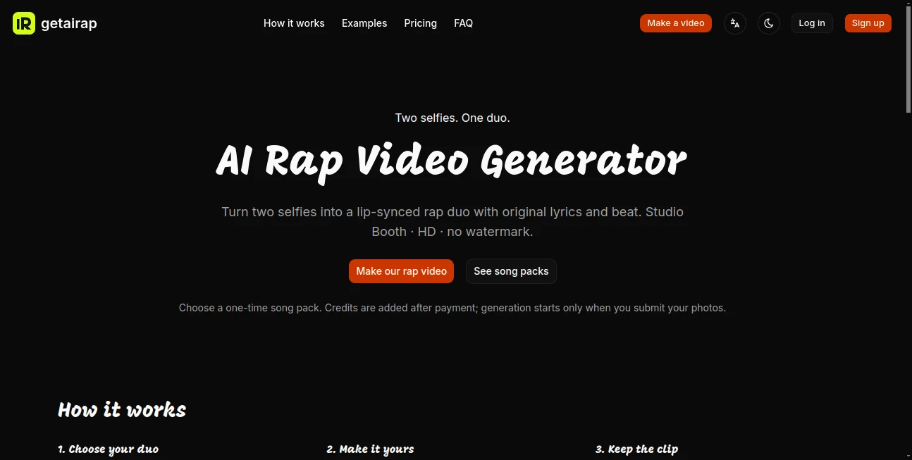 Screenshot of AI Rap Video Generator – An AI tool in the ,AI Image to Video ,AI Personalized Video Generator ,AI Video Generator ,Video ,AI Lip Sync Generator  category, showcasing its interface and key features.