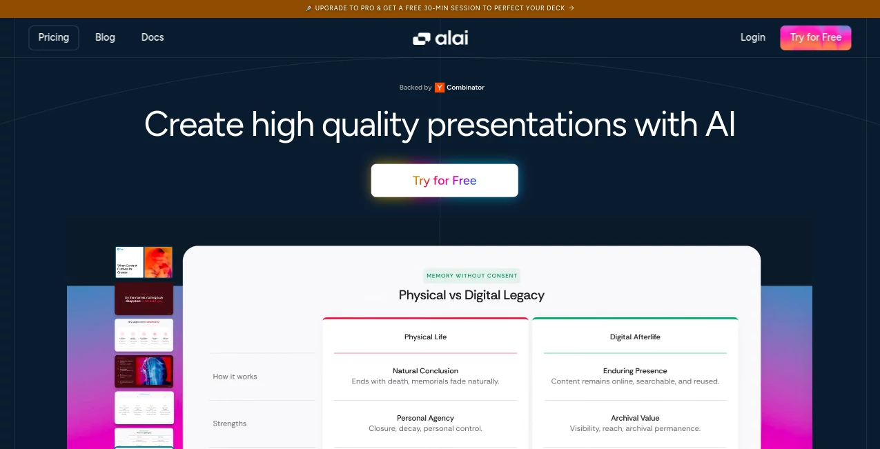 Screenshot of Alai – An AI tool in the ,AI Content Generator ,AI Design Assistant ,AI Presentation Generator ,AI Productivity Tools  category, showcasing its interface and key features.