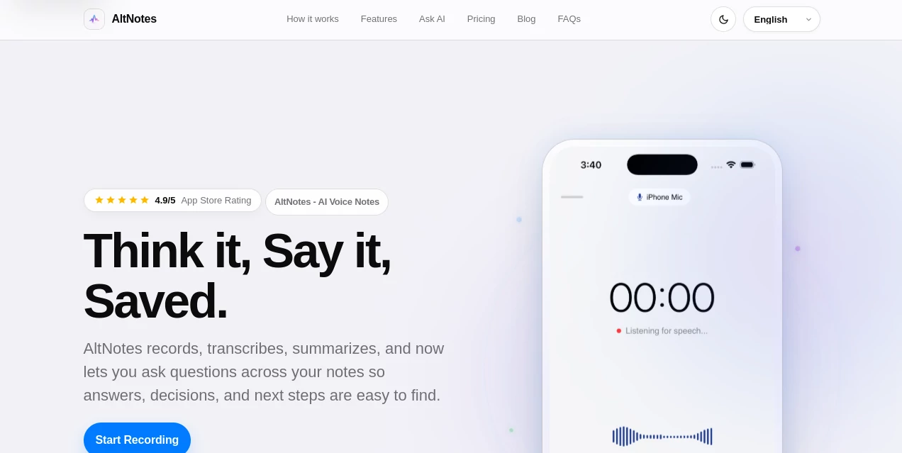 Screenshot of AltNotes – An AI tool in the ,AI Productivity Tools ,AI Meeting Assistant ,AI Speech to Text ,AI Notes Assistant  category, showcasing its interface and key features.