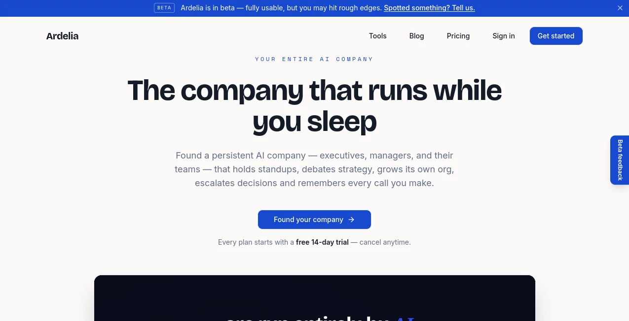 Screenshot of Ardelia – An AI tool in the ,AI Workflow Management ,AI Project Management ,AI Productivity Tools ,AI Team Collaboration  category, showcasing its interface and key features.