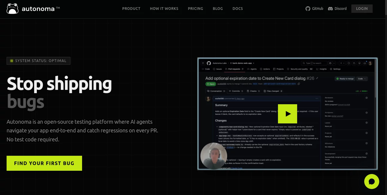 Screenshot of Autonoma – An AI tool in the ,AI DevOps Assistant ,AI Code Assistant ,AI Testing & QA ,AI Developer Tools  category, showcasing its interface and key features.