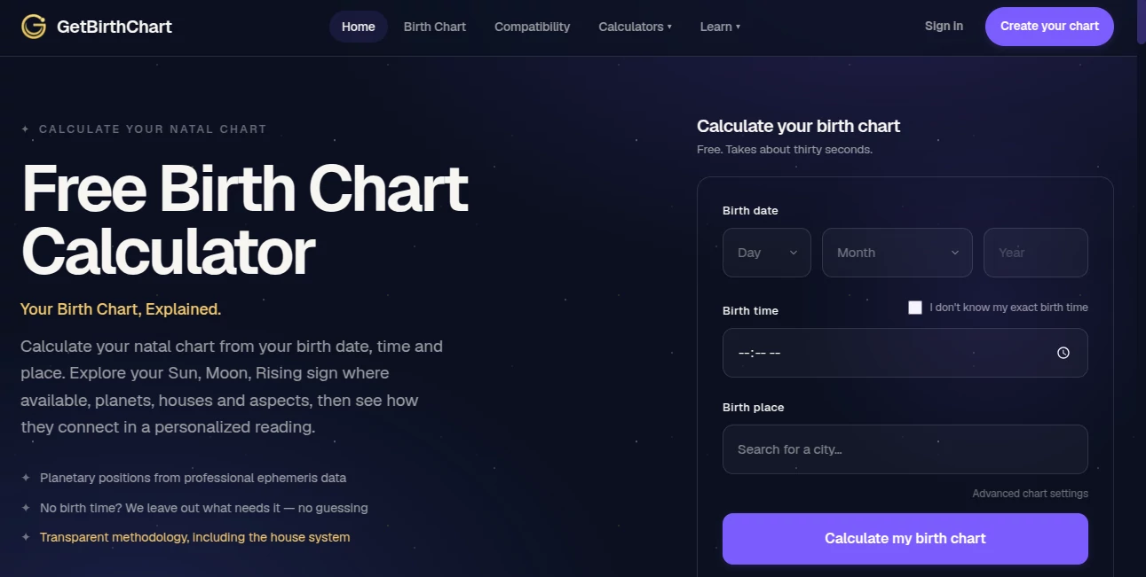 Screenshot of GetBirthChart – An AI tool in the ,AI Life Assistant ,AI Religion ,AI Dating Assistant  category, showcasing its interface and key features.