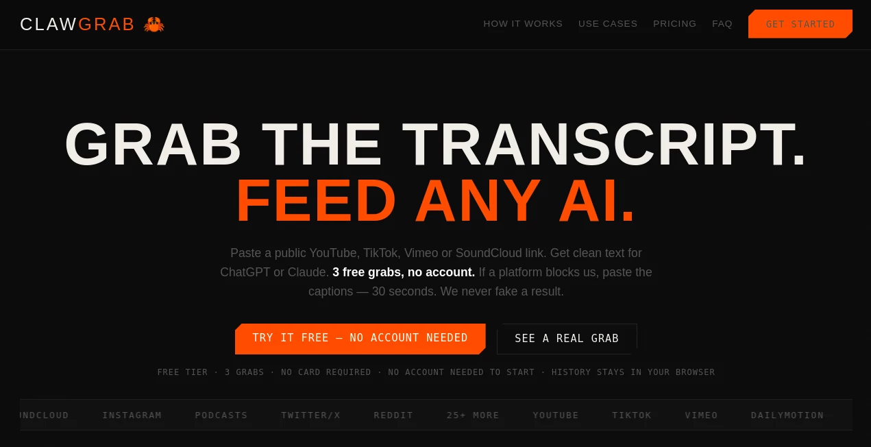 Screenshot of ClawGrab – An AI tool in the ,AI Transcriber ,AI Summarizer ,AI Transcription ,AI Podcast Assistant  category, showcasing its interface and key features.