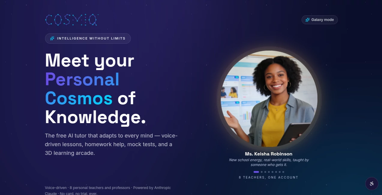 Screenshot of COSMIQ – An AI tool in the ,Education ,AI Education Assistant ,AI Homework Helper ,AI Coaching  category, showcasing its interface and key features.