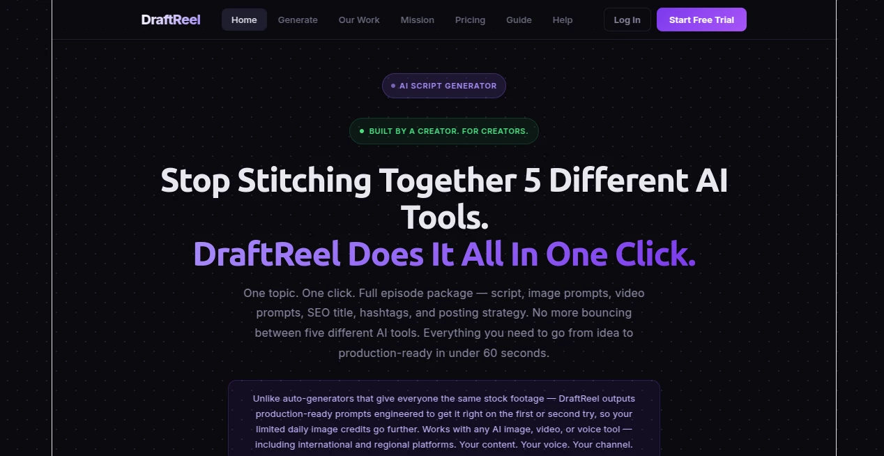 Screenshot of DraftReel – An AI tool in the ,AI Video Generator ,AI Video Editor ,AI Short Clips Generator ,AI Social Media Assistant  category, showcasing its interface and key features.