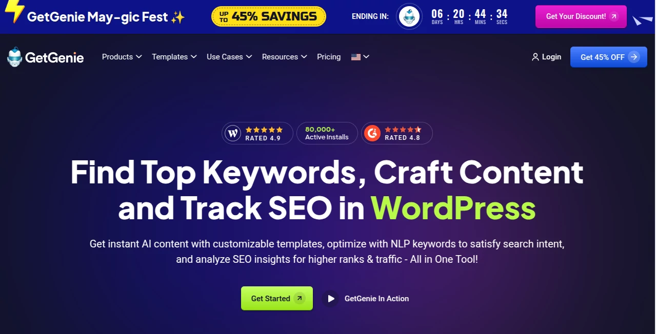 Screenshot of GetGenie – An AI tool in the ,AI Writing Assistants ,AI Content Generator ,AI Research Tool ,AI SEO Assistant  category, showcasing its interface and key features.