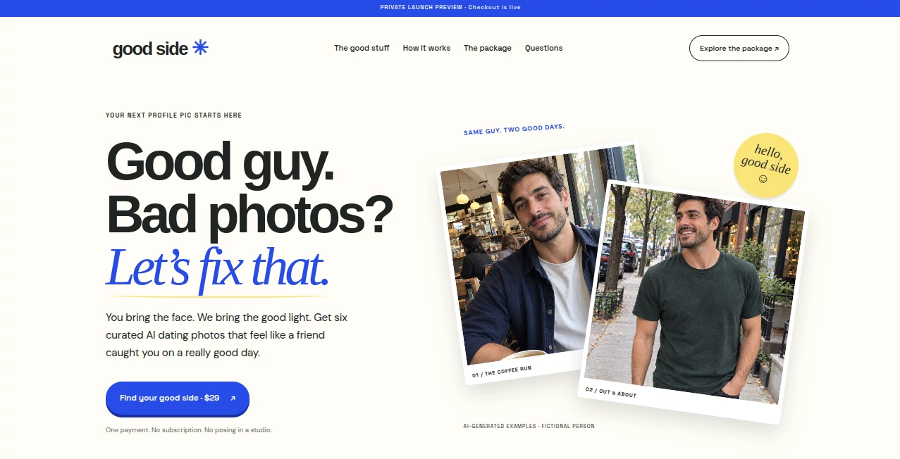 Screenshot of GoodSide – An AI tool in the ,Image ,AI Dating Assistant ,AI Photography ,AI Profile Picture Generator  category, showcasing its interface and key features.