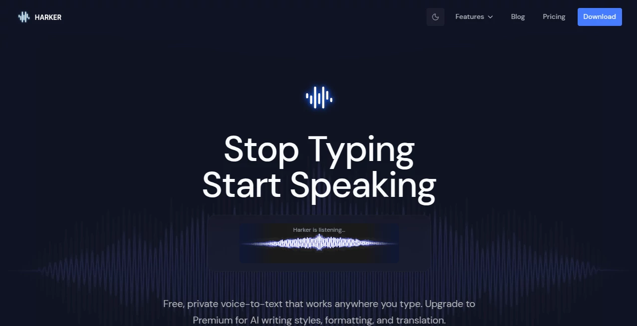 Screenshot of Harker – An AI tool in the ,AI Writing Assistants ,AI Speech to Text ,AI Voice Assistants ,AI Productivity Tools  category, showcasing its interface and key features.