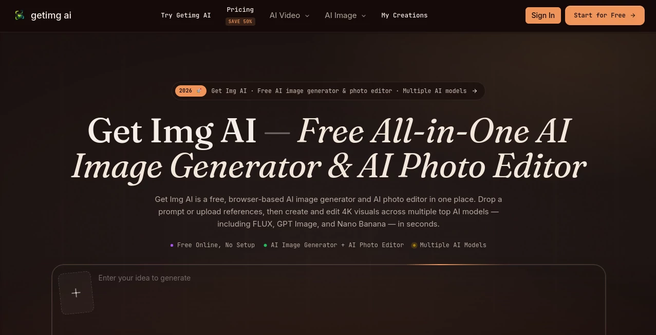 Screenshot of Get Img AI – An AI tool in the ,AI Photo & Image Generator ,Photo & Image Editor ,AI Photography ,AI Image to Image  category, showcasing its interface and key features.