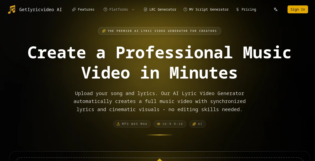 Screenshot of GetLyricVideo AI – An AI tool in the ,AI Music Video Generator ,AI Text to Video ,AI Video Generator ,AI YouTube Assistant  category, showcasing its interface and key features.