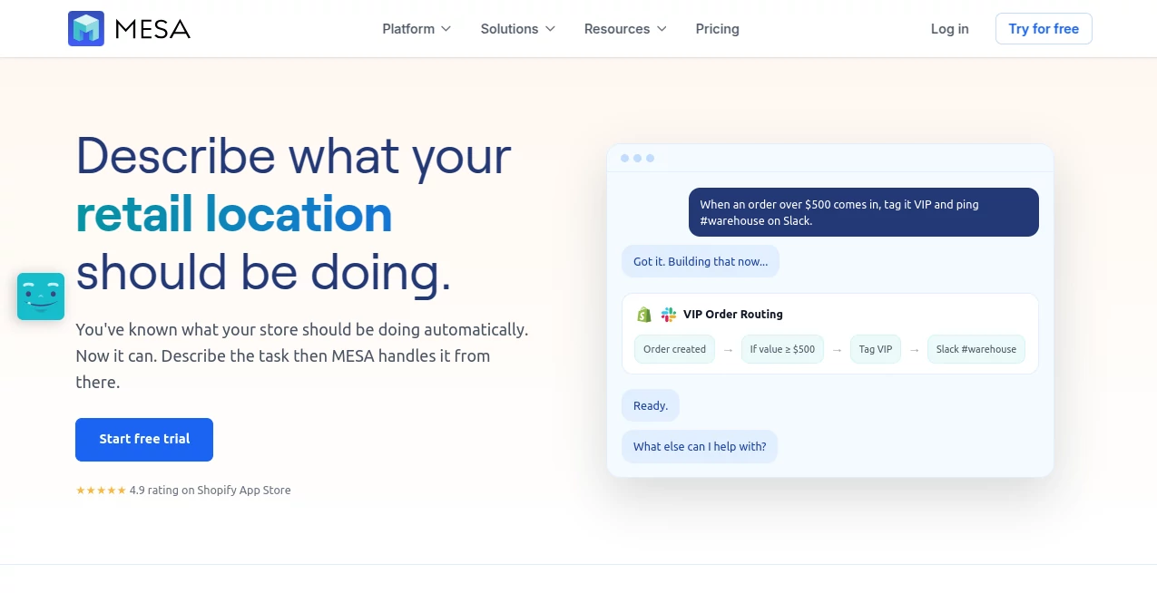 Screenshot of Mesa – An AI tool in the ,AI Content Generator ,AI E-commerce Assistant ,AI Productivity Tools ,AI Workflow Management  category, showcasing its interface and key features.