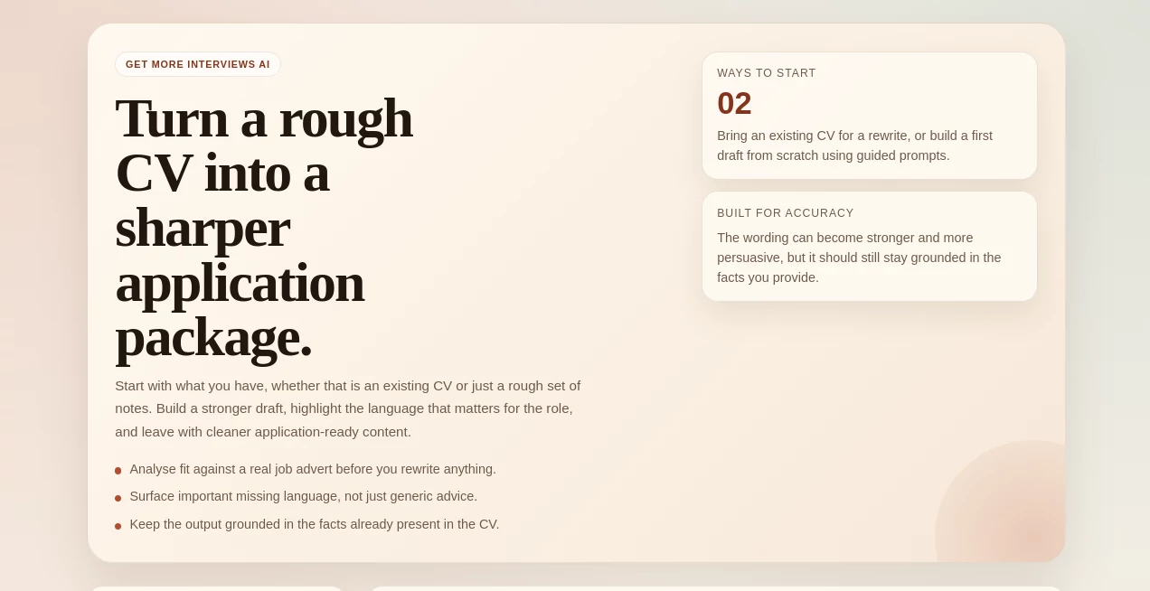 Screenshot of Get More Interviews AI – An AI tool in the ,AI Cover Letter Generator ,AI Interview Assistant ,AI Resume Builder  category, showcasing its interface and key features.