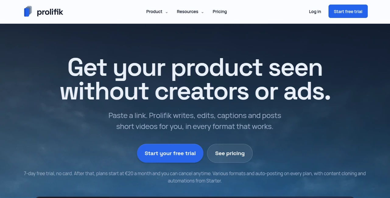 Screenshot of Prolifik – An AI tool in the ,Video ,AI UGC Video Generator ,AI Video Generator ,AI Social Media Assistant ,AI Short Clips Generator  category, showcasing its interface and key features.