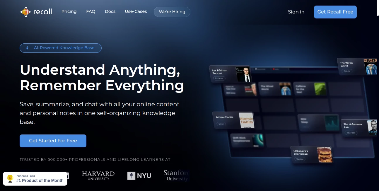 Screenshot of Recall – An AI tool in the ,AI Notes Assistant ,AI Knowledge Management ,AI Productivity Tools ,AI Search Engine  category, showcasing its interface and key features.