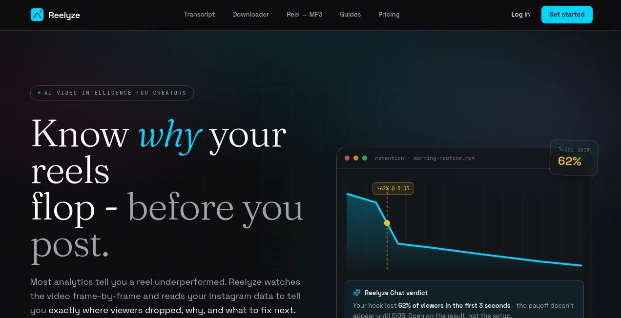 Screenshot of Reelyze – An AI tool in the ,AI Video Generator ,AI Analytics Assistant ,AI Social Media Assistant ,Other  category, showcasing its interface and key features.