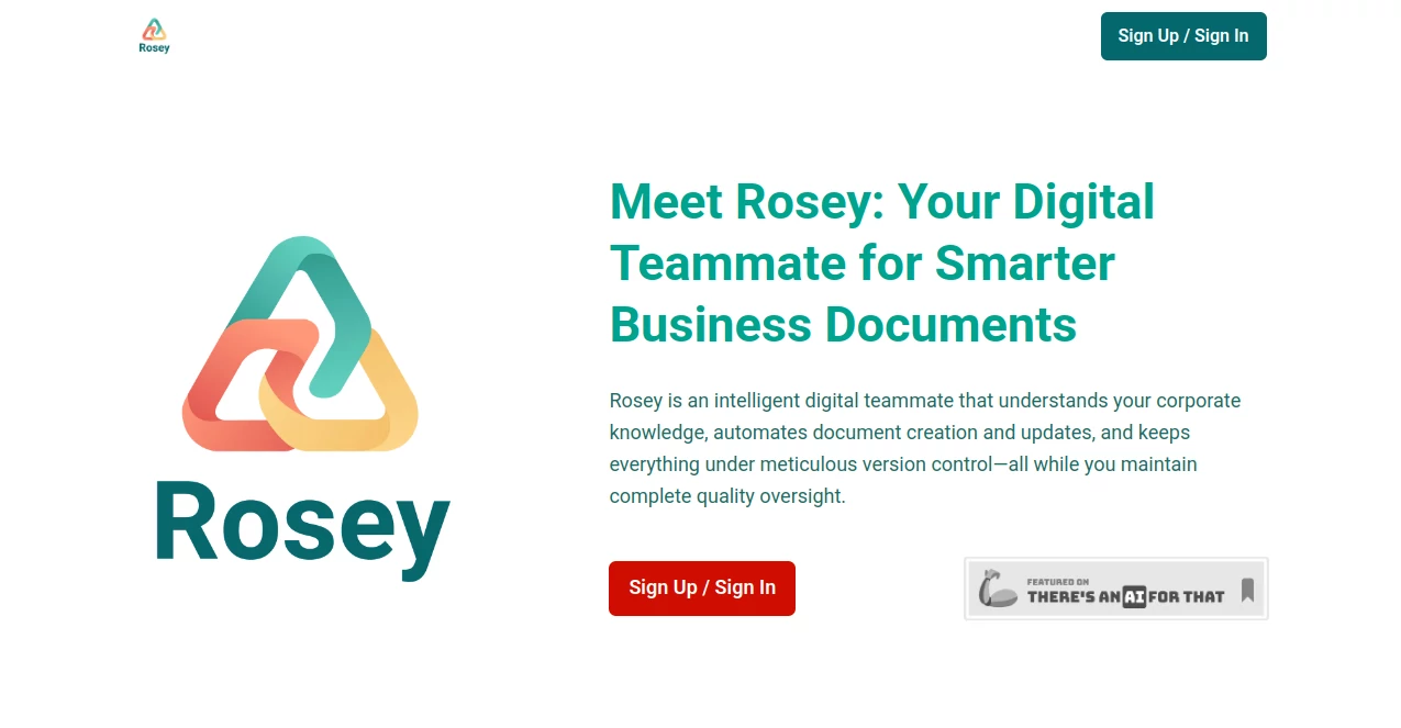 Screenshot of Meet Rosey – An AI tool in the ,AI Workflow Management ,AI Knowledge Management ,AI Documents Assistant ,AI Contract Management  category, showcasing its interface and key features.