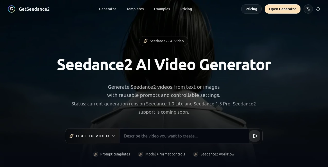 Screenshot of GetSeedance2 – An AI tool in the ,AI Animated Video ,AI Image to Video ,AI Video Generator ,AI Text to Video  category, showcasing its interface and key features.