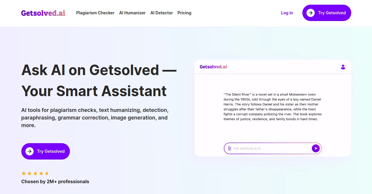 Screenshot of Getsolved Answer AI – An AI tool in the ,AI Grammar Checker ,AI Summarizer ,AI Homework Helper ,AI Plagiarism Checker  category, showcasing its interface and key features.
