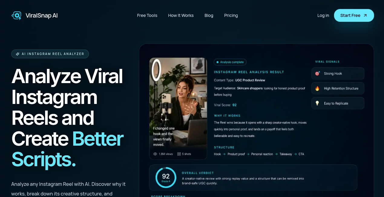 Screenshot of ViralSnap AI – An AI tool in the ,AI Instagram Assistant ,AI Content Generator ,AI Social Media Assistant  category, showcasing its interface and key features.